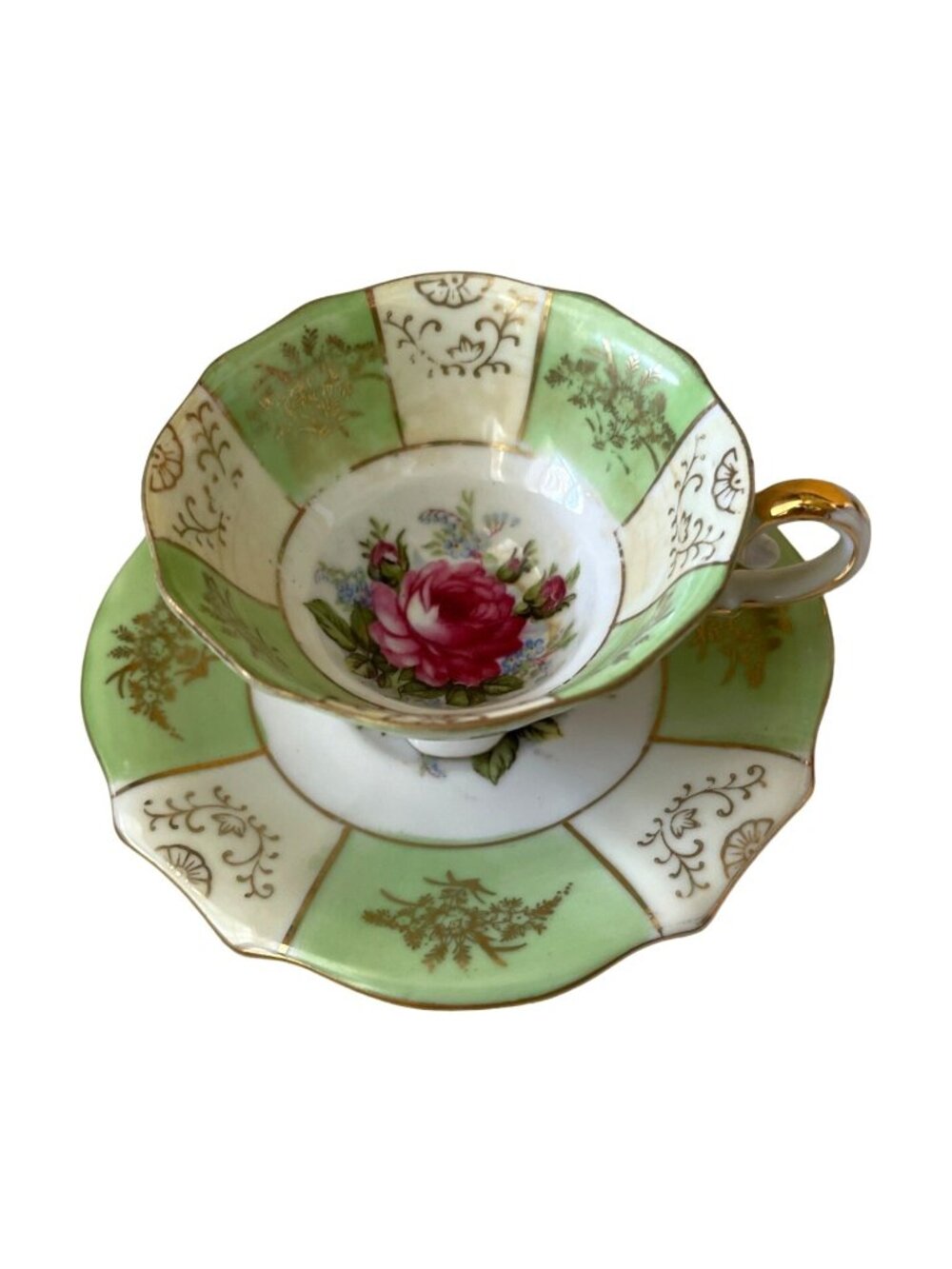Vintage Old Gold Japan Teacup and Saucer Set Hand Painted Green Floral Rose